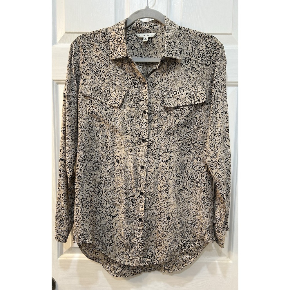 CABI 100% Silk Collared Long Sleeve Button Down Shirt Sz S Cream Black Paisley